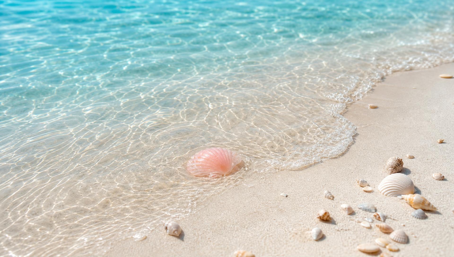 Sugar-white sand with scattered seashells and a single pink shell shimmering under crystal-clear turquoise water