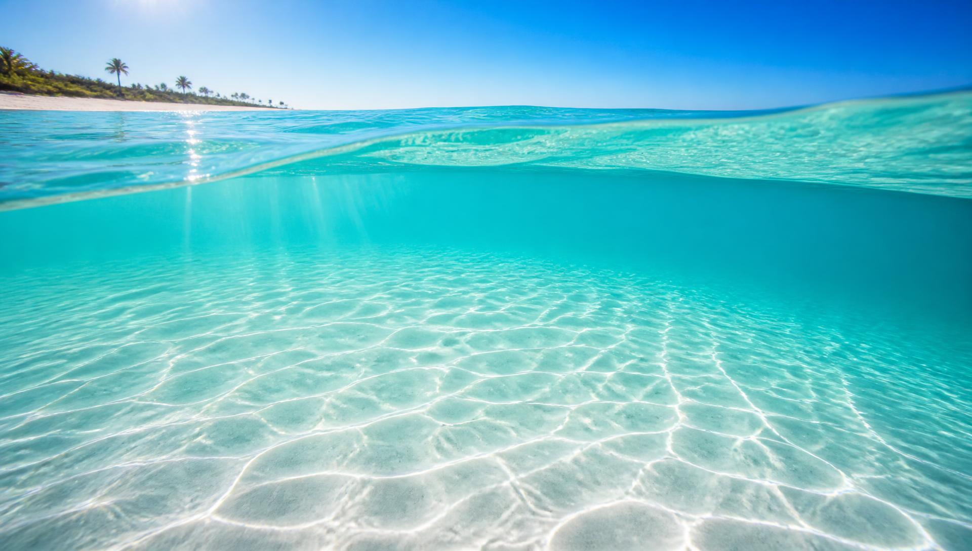 Sunlight through crystal clear turquoise Gulf water over white sand
